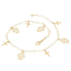 Italian 14k Yellow Gold Cross & Hamsa Charm Anklet/Bracelet 10" 4 grams