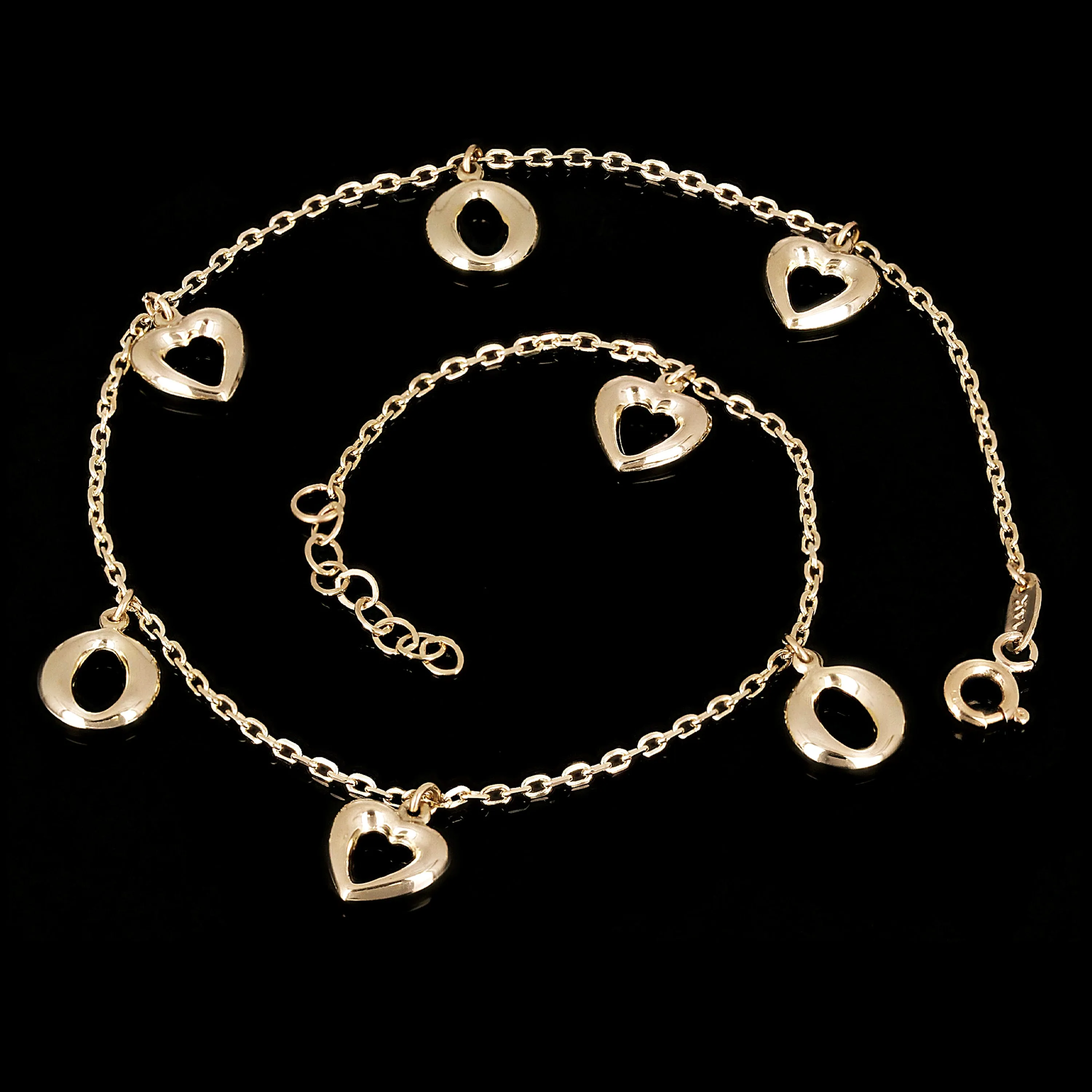 Italian 14k Yellow Gold Heart & Oval Charm Anklet/Bracelet 10" 3 grams