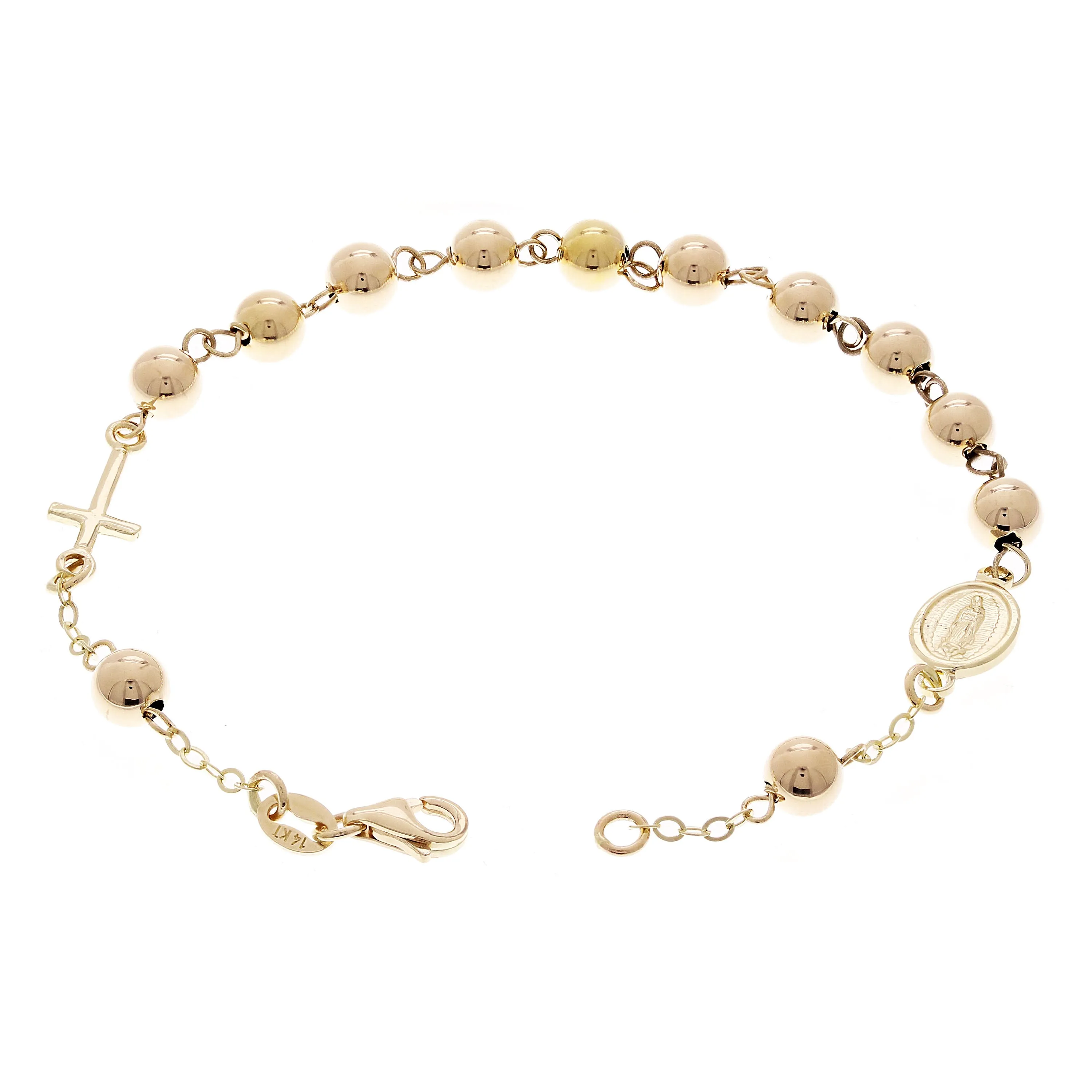 Italian 14k Yellow Gold Miraculous Medal Charm Rosary Bracelet 7" 5mm 4.6 grams