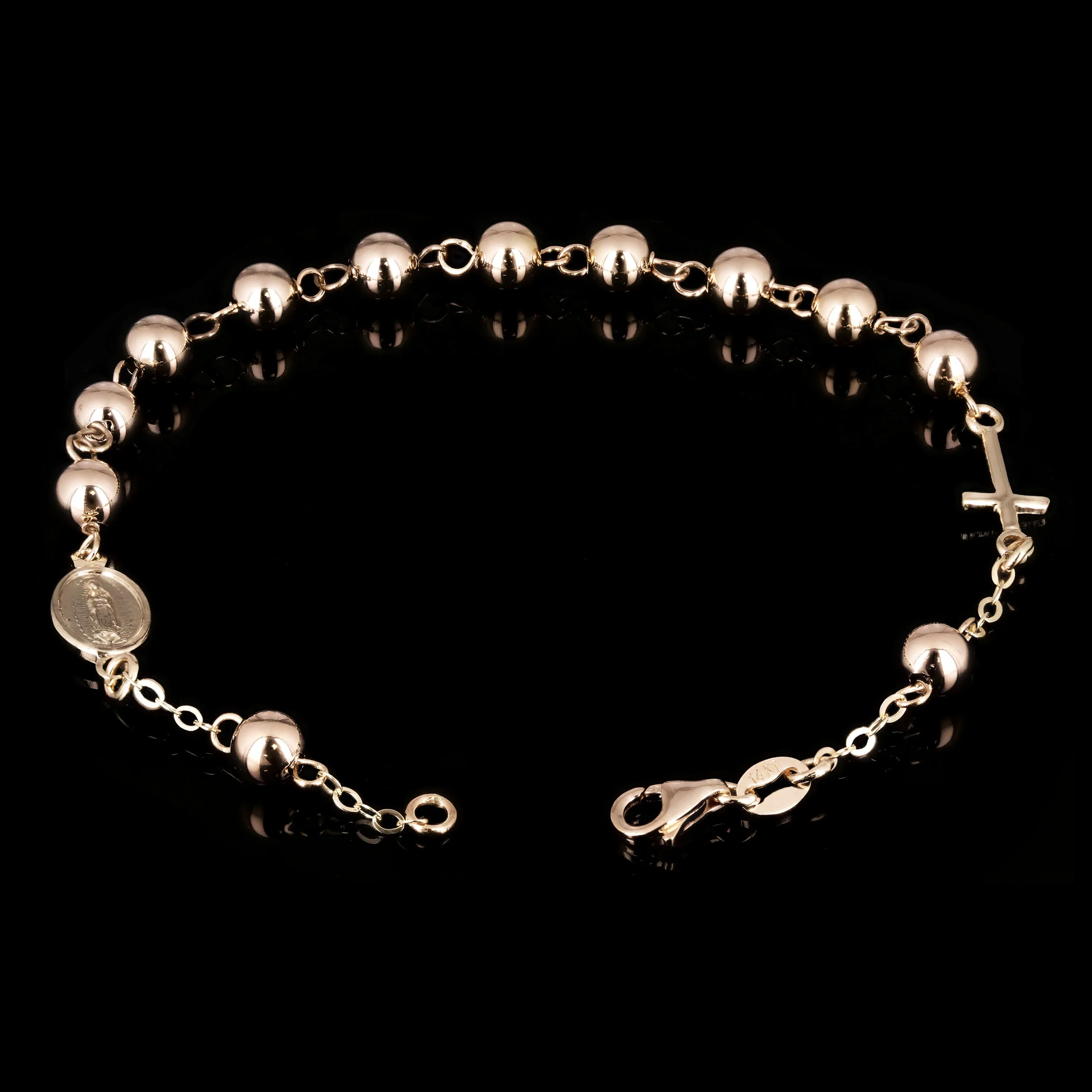 Italian 14k Yellow Gold Miraculous Medal Charm Rosary Bracelet 7" 5mm 4.6 grams