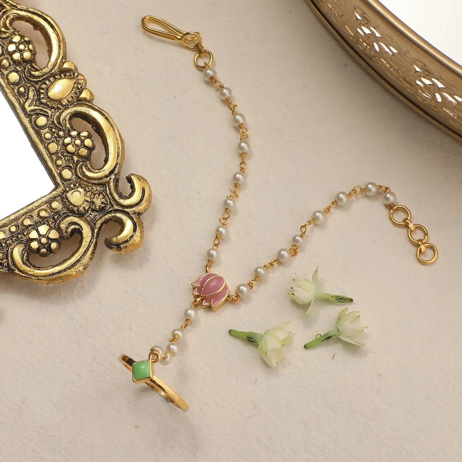 Jalaja Single Lotus Ring Hand Chain Bracelet