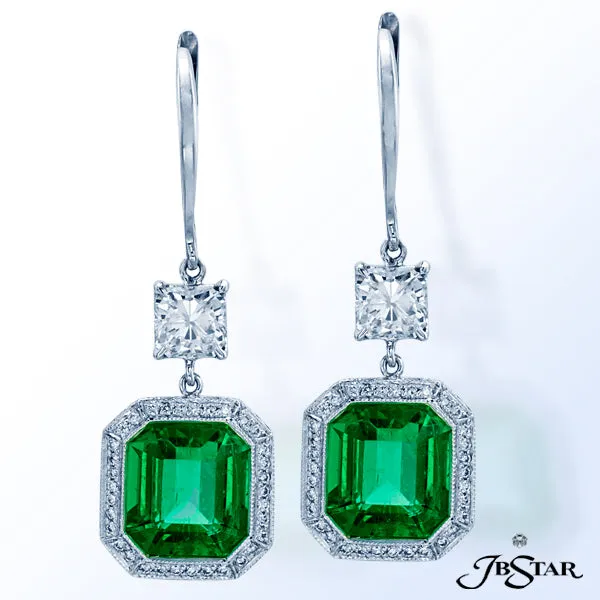 JB STAR STUNNING 5.15CTW EMERALD CUT EMERALD & DIAMOND DROP EARRINGS. HANDCRAFTED IN PLATINUM.CENT