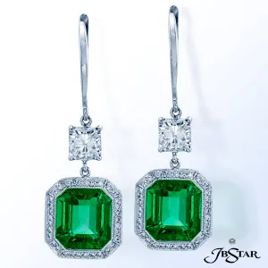 JB STAR STUNNING 5.15CTW EMERALD CUT EMERALD & DIAMOND DROP EARRINGS. HANDCRAFTED IN PLATINUM.CENT