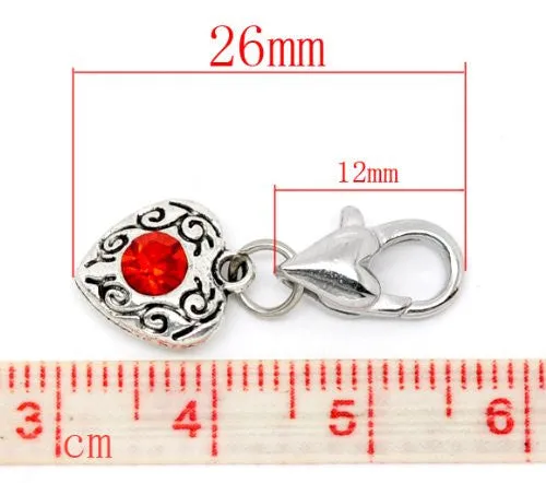 July Red Birthstone Antique Silver Rhinestone Heart Clip On Charms. Fits Thomas Sabo 26x10mm