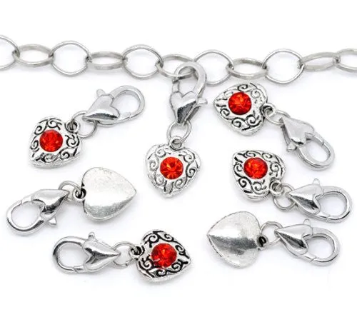 July Red Birthstone Antique Silver Rhinestone Heart Clip On Charms. Fits Thomas Sabo 26x10mm