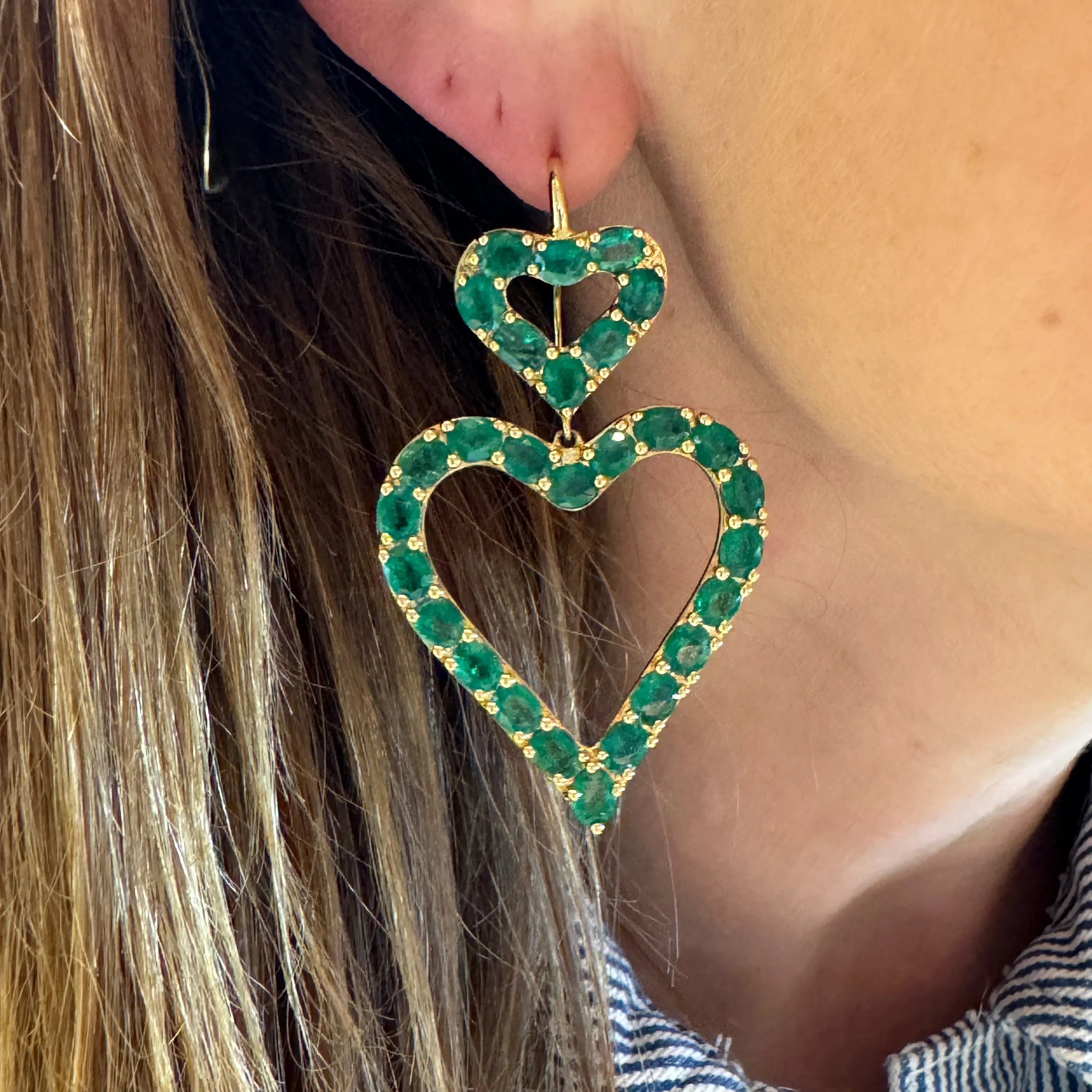 Jumbo Double Heart Emerald Drop Earrings