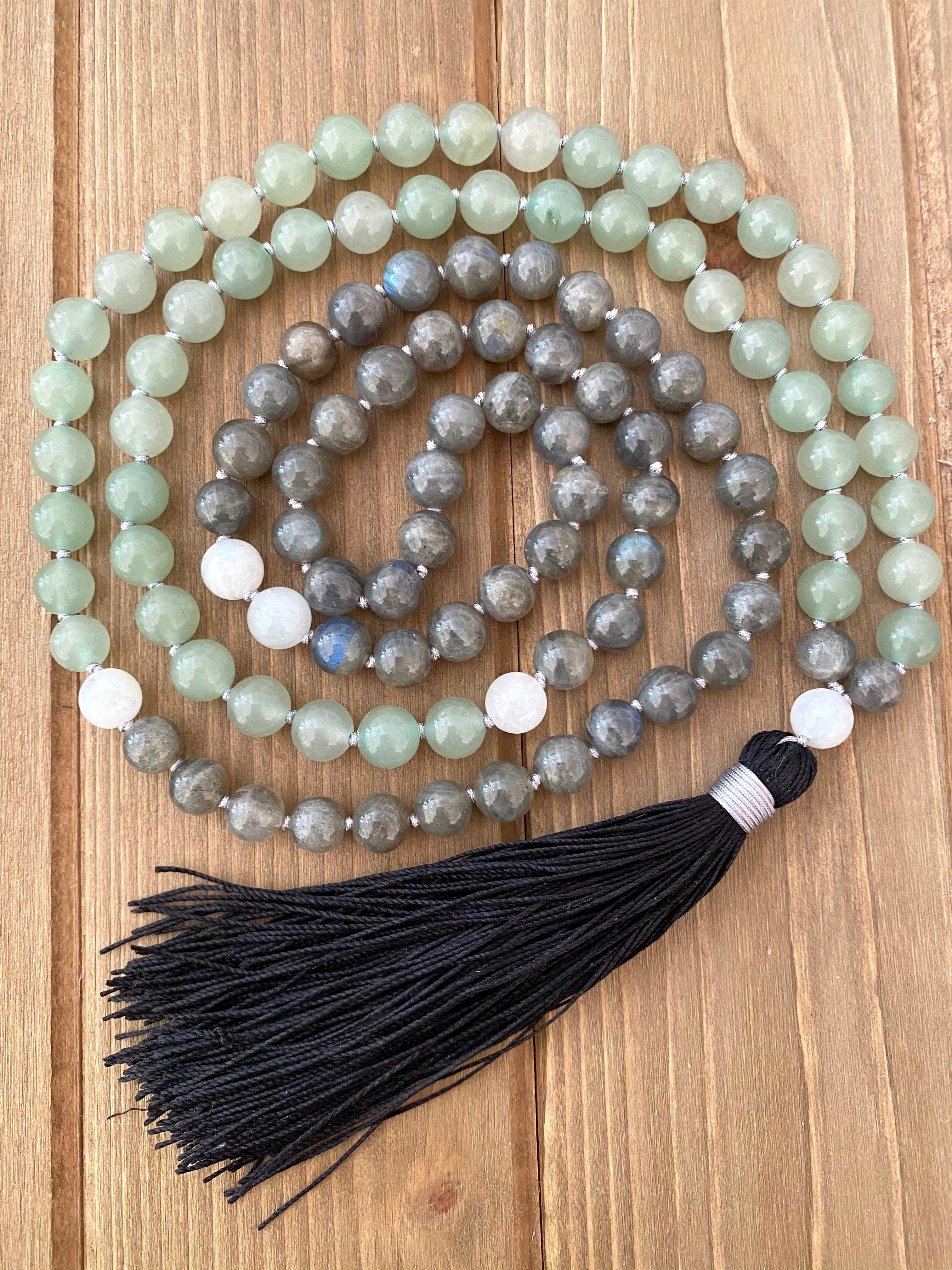 Labradorite, Moonstone and Aventurine Mala Necklace
