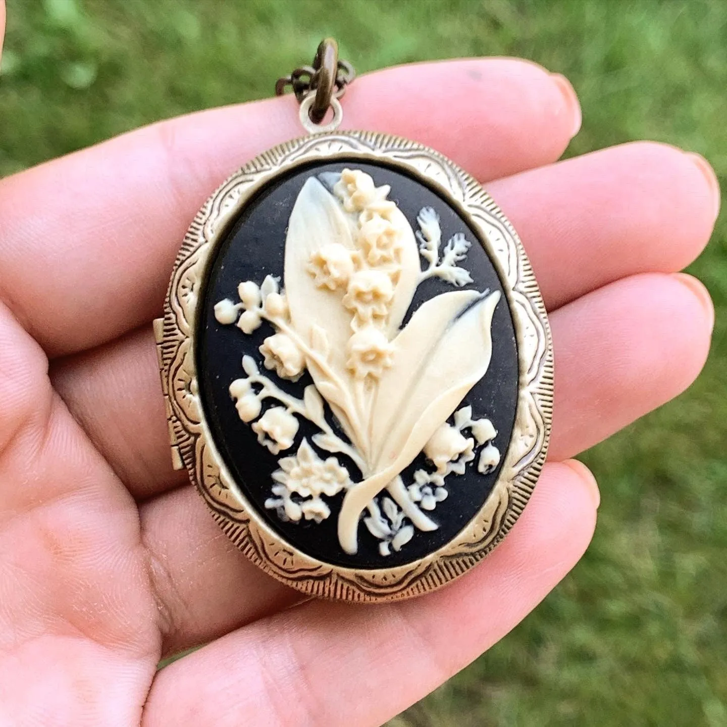 Large Lily of the Valley Cameo Locket Necklace Black and Bronze