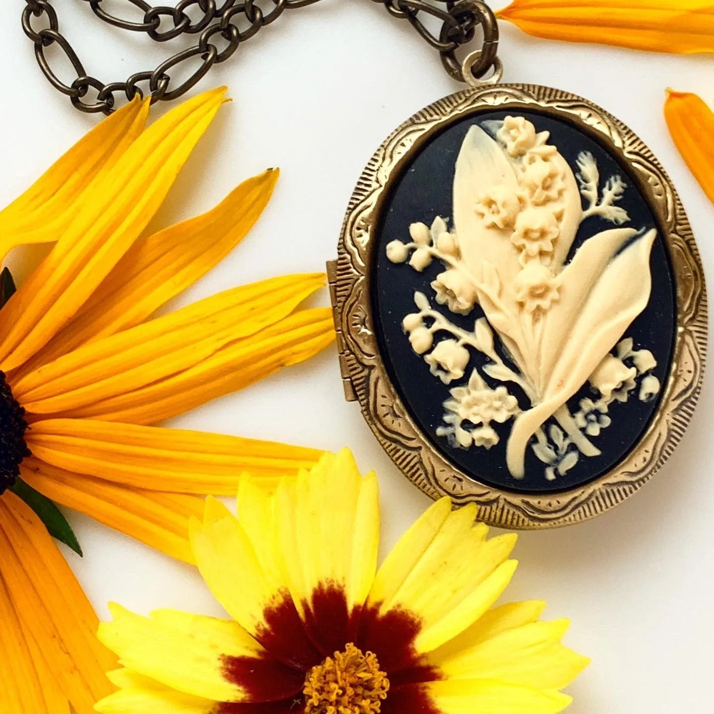 Large Lily of the Valley Cameo Locket Necklace Black and Bronze