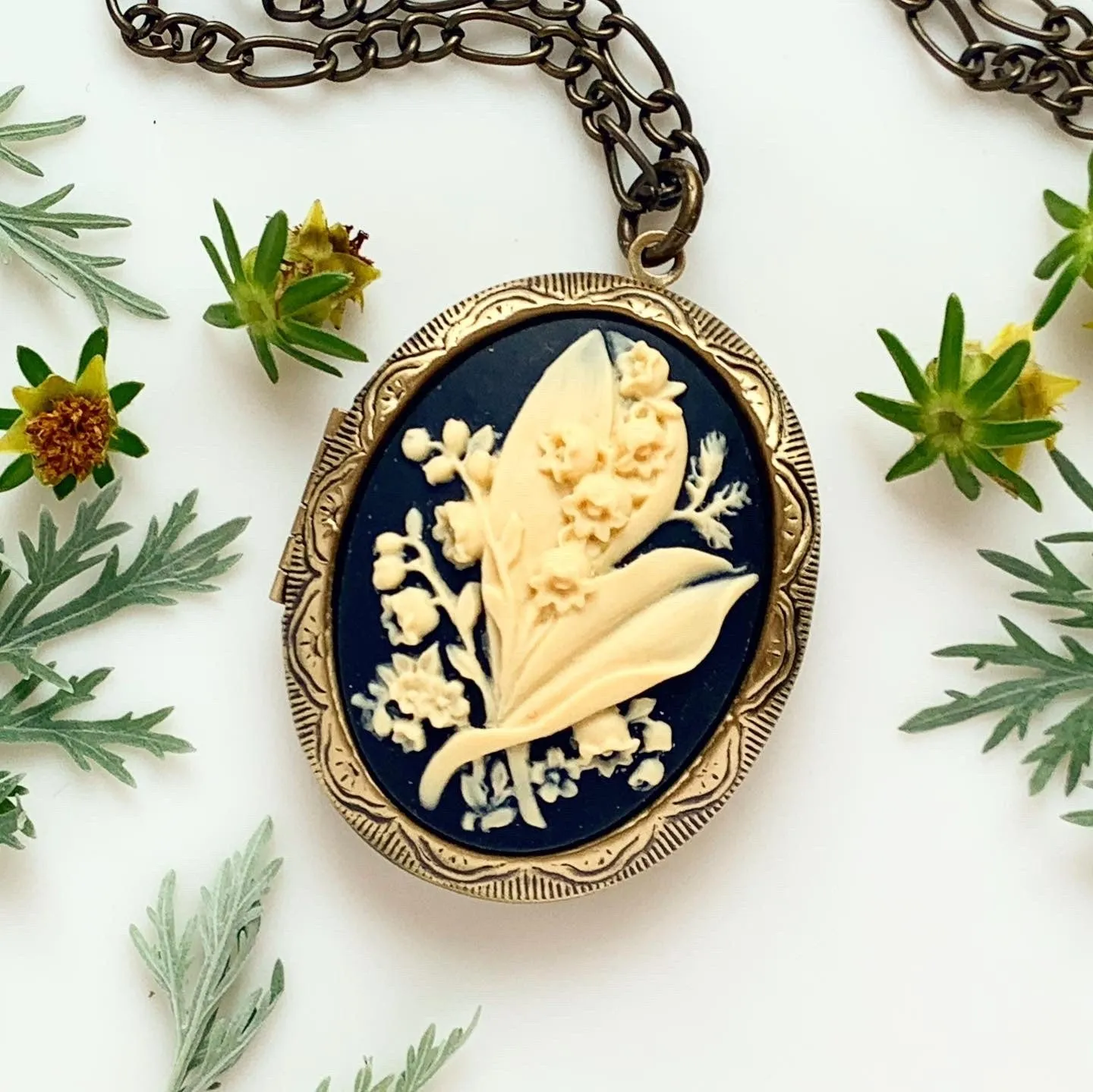 Large Lily of the Valley Cameo Locket Necklace Black and Bronze