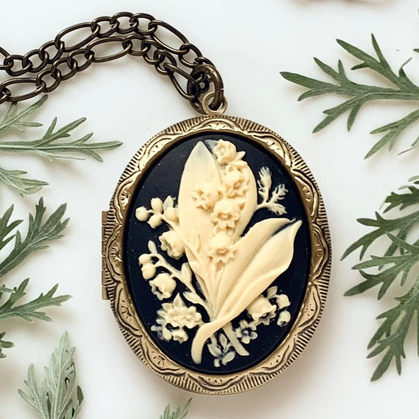 Large Lily of the Valley Cameo Locket Necklace Black and Bronze