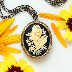 Large Lily of the Valley Cameo Locket Necklace Black and Bronze