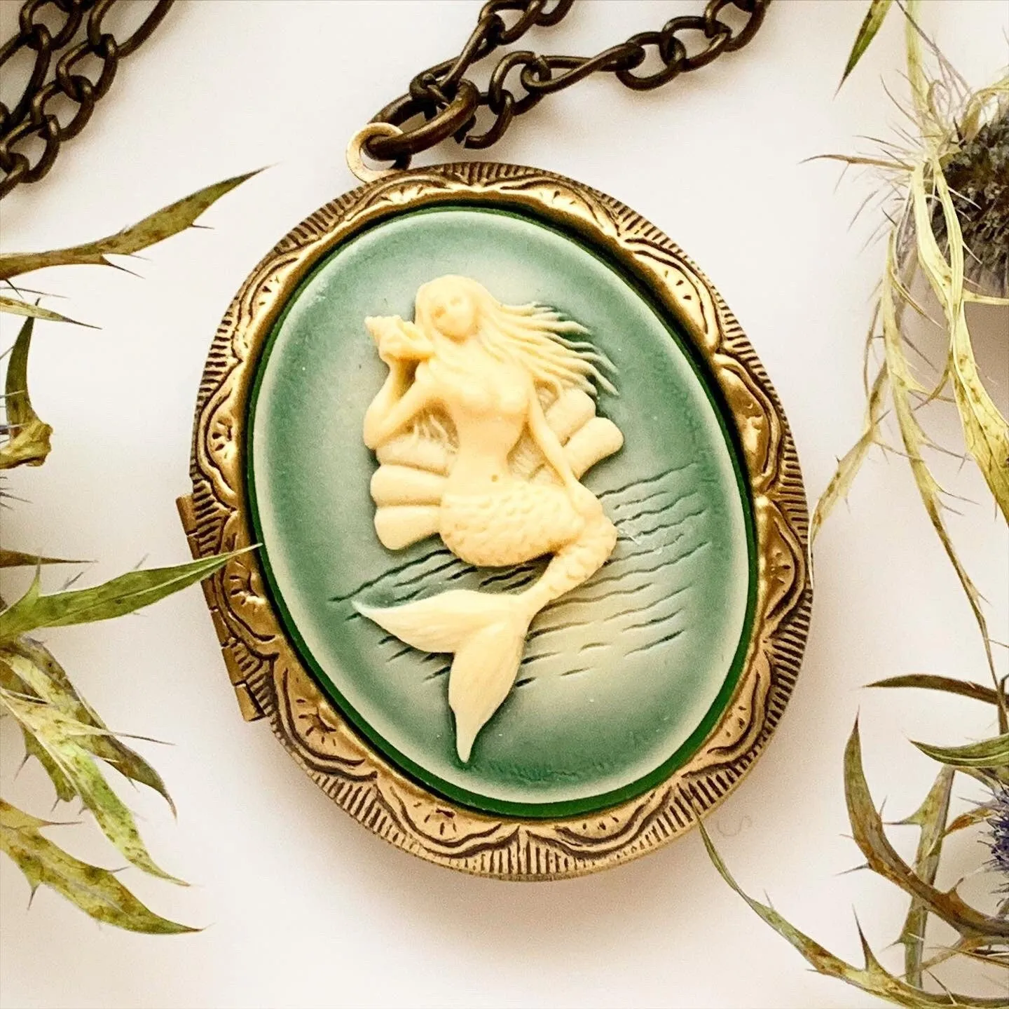 Large Mermaid Cameo Locket Necklace