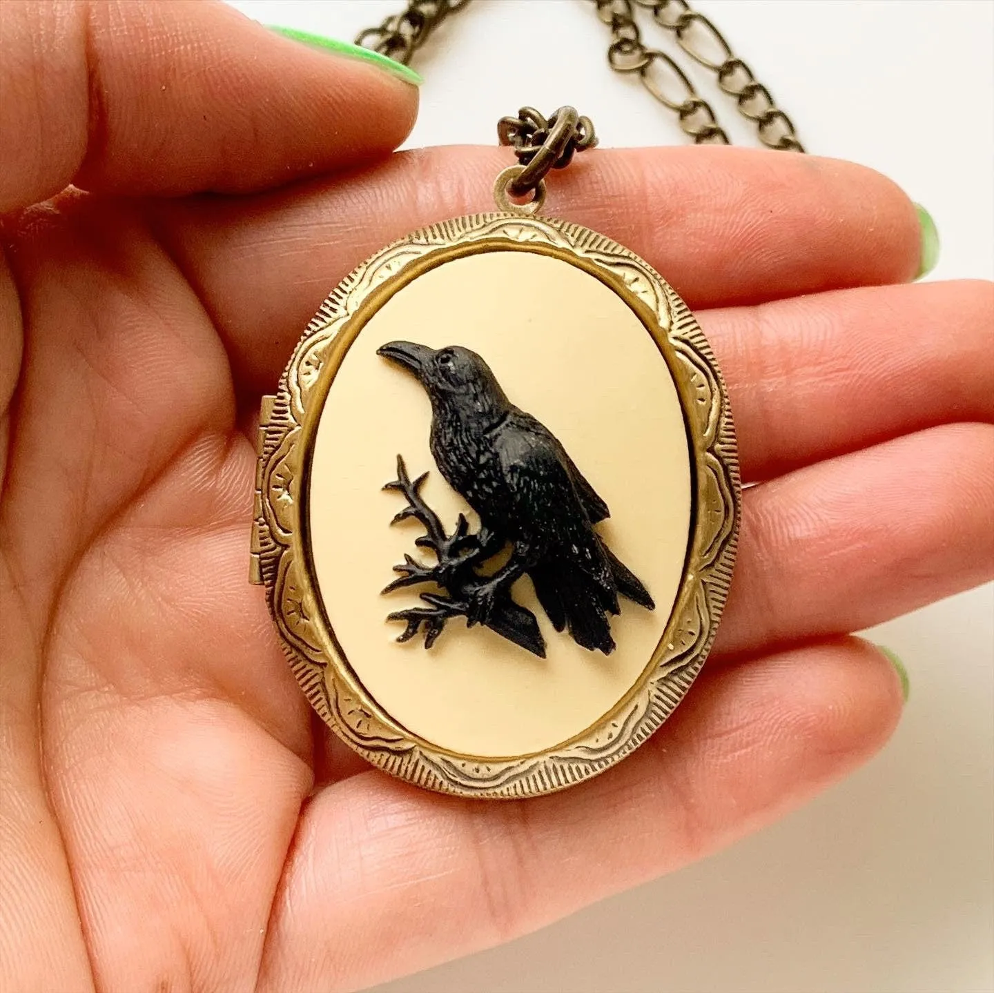 Large Raven Cameo Locket Necklace