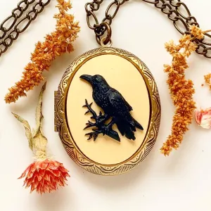 Large Raven Cameo Locket Necklace