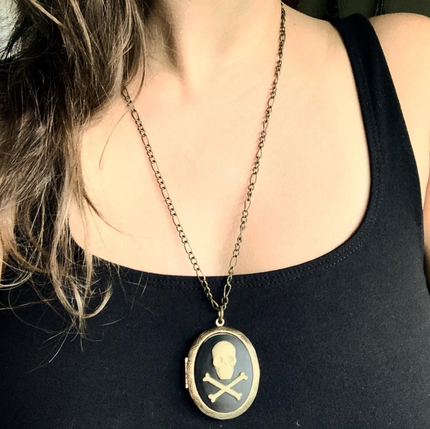 Large Skull and Crossbones Cameo Locket Necklace