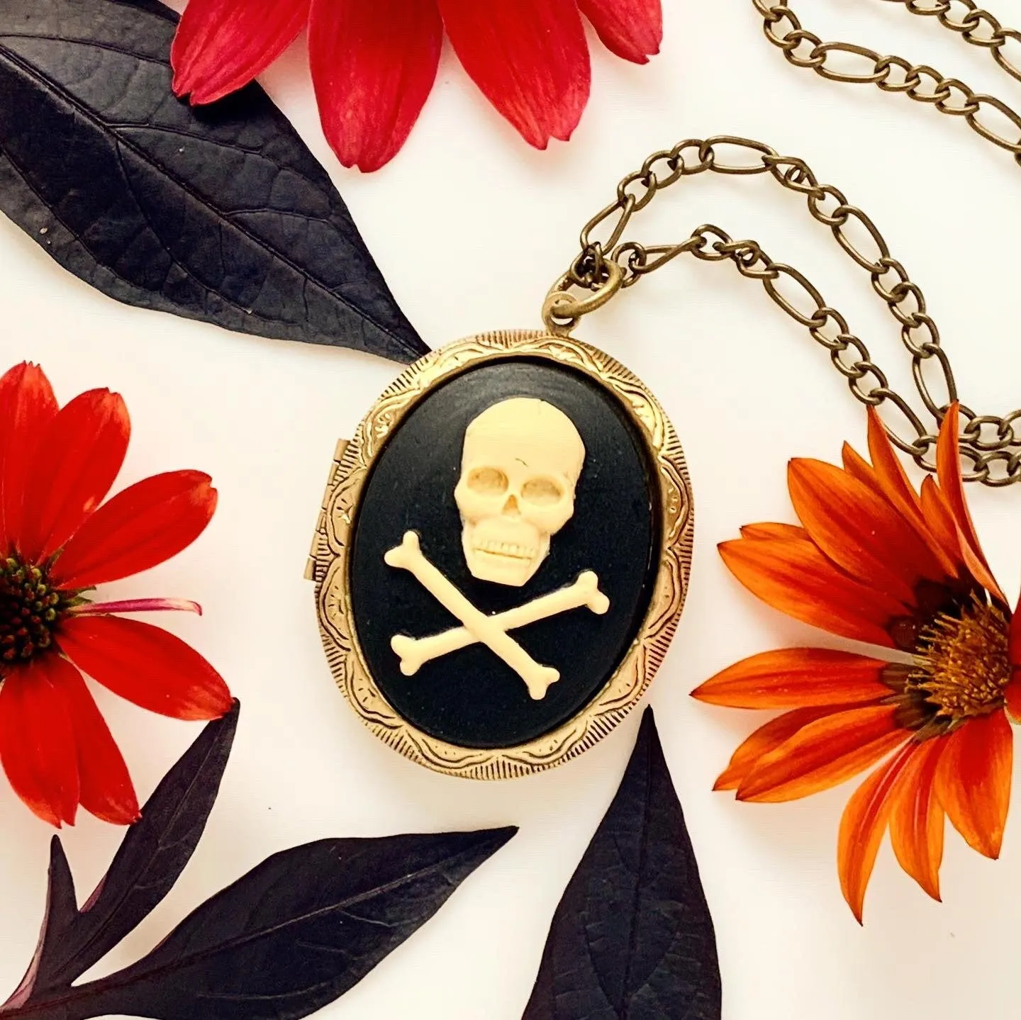 Large Skull and Crossbones Cameo Locket Necklace