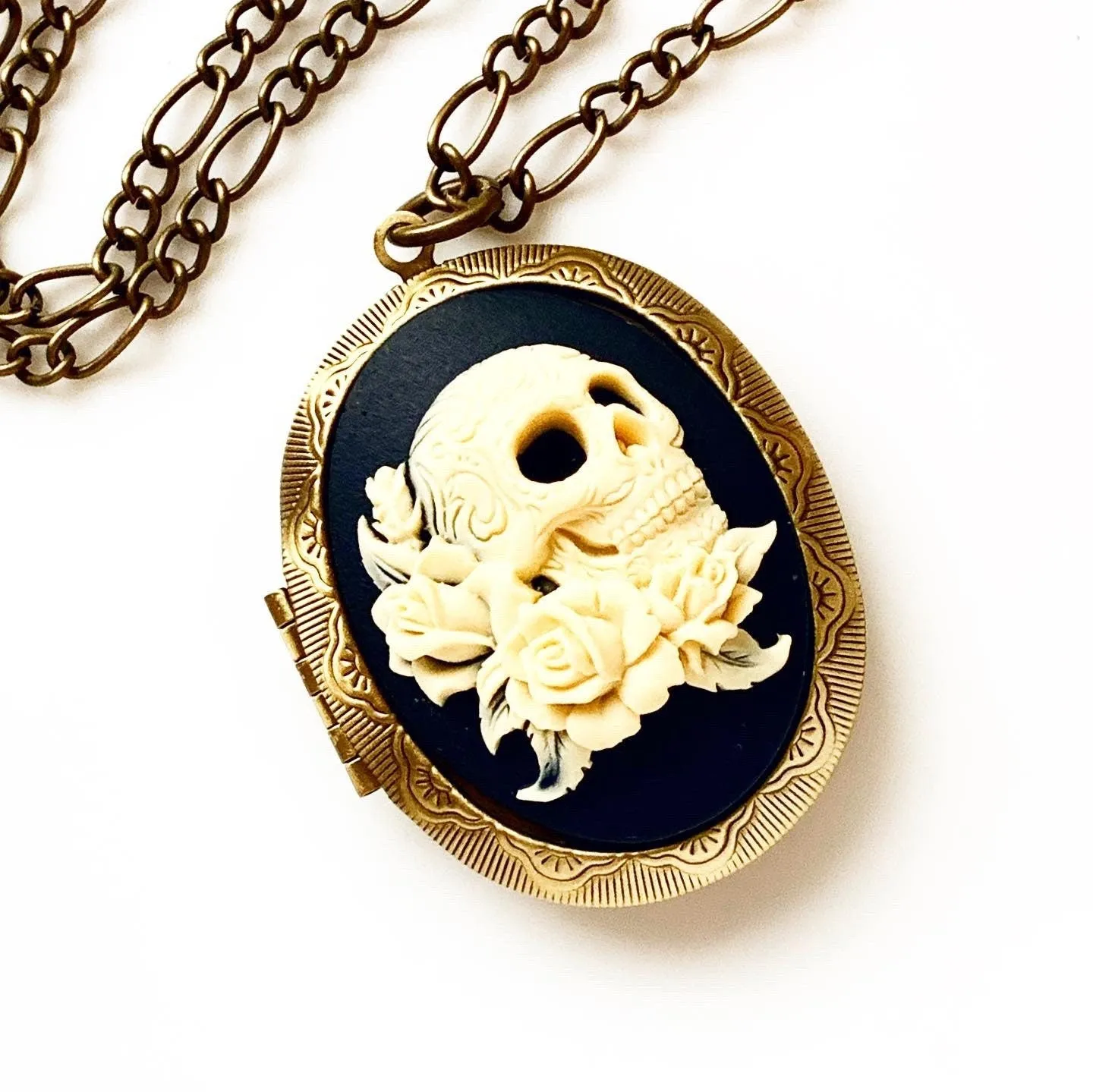 Large Skull and Roses Cameo Locket Necklace