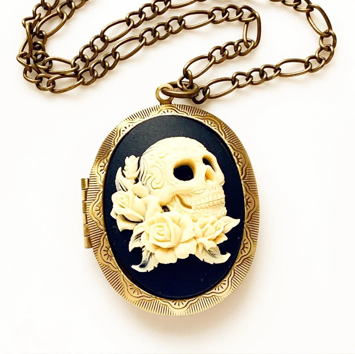 Large Skull and Roses Cameo Locket Necklace