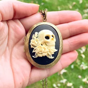 Large Skull and Roses Cameo Locket Necklace