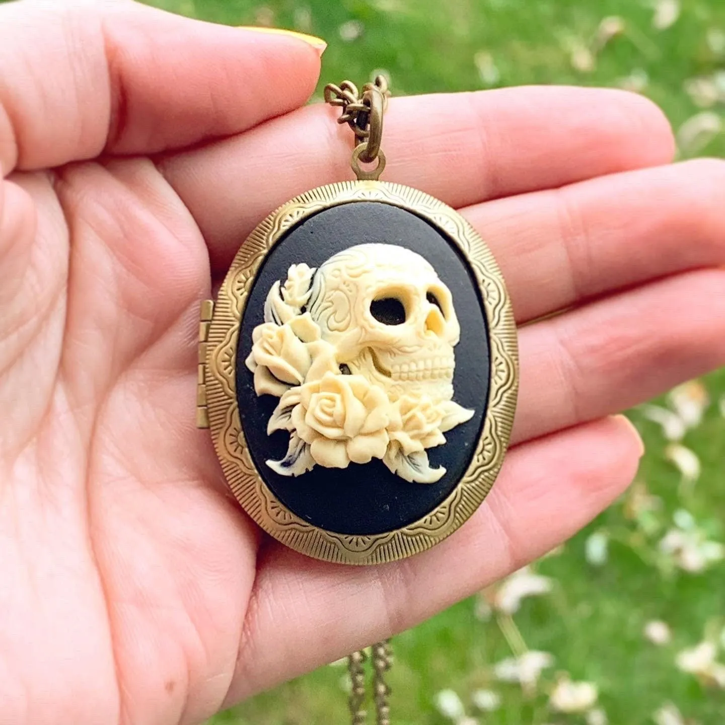 Large Skull and Roses Cameo Locket Necklace