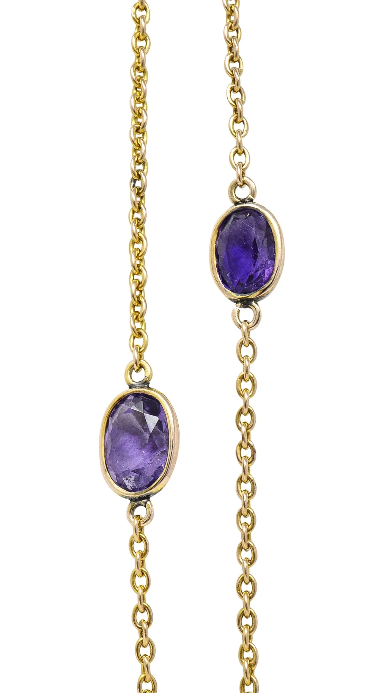 Late Victorian Amethyst 14 Karat Yellow Gold Antique 52 IN Long Station Chain Necklace