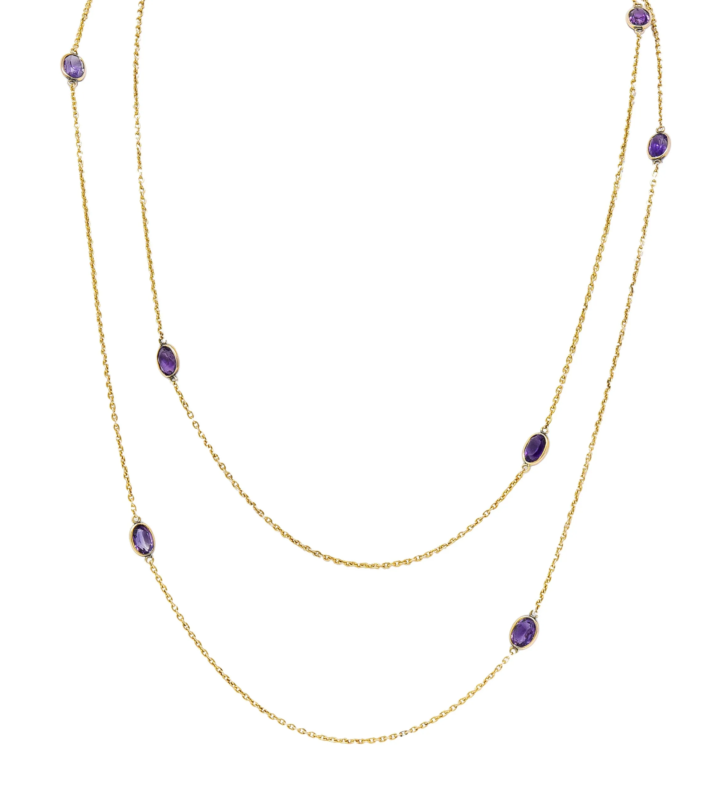 Late Victorian Amethyst 14 Karat Yellow Gold Antique 52 IN Long Station Chain Necklace