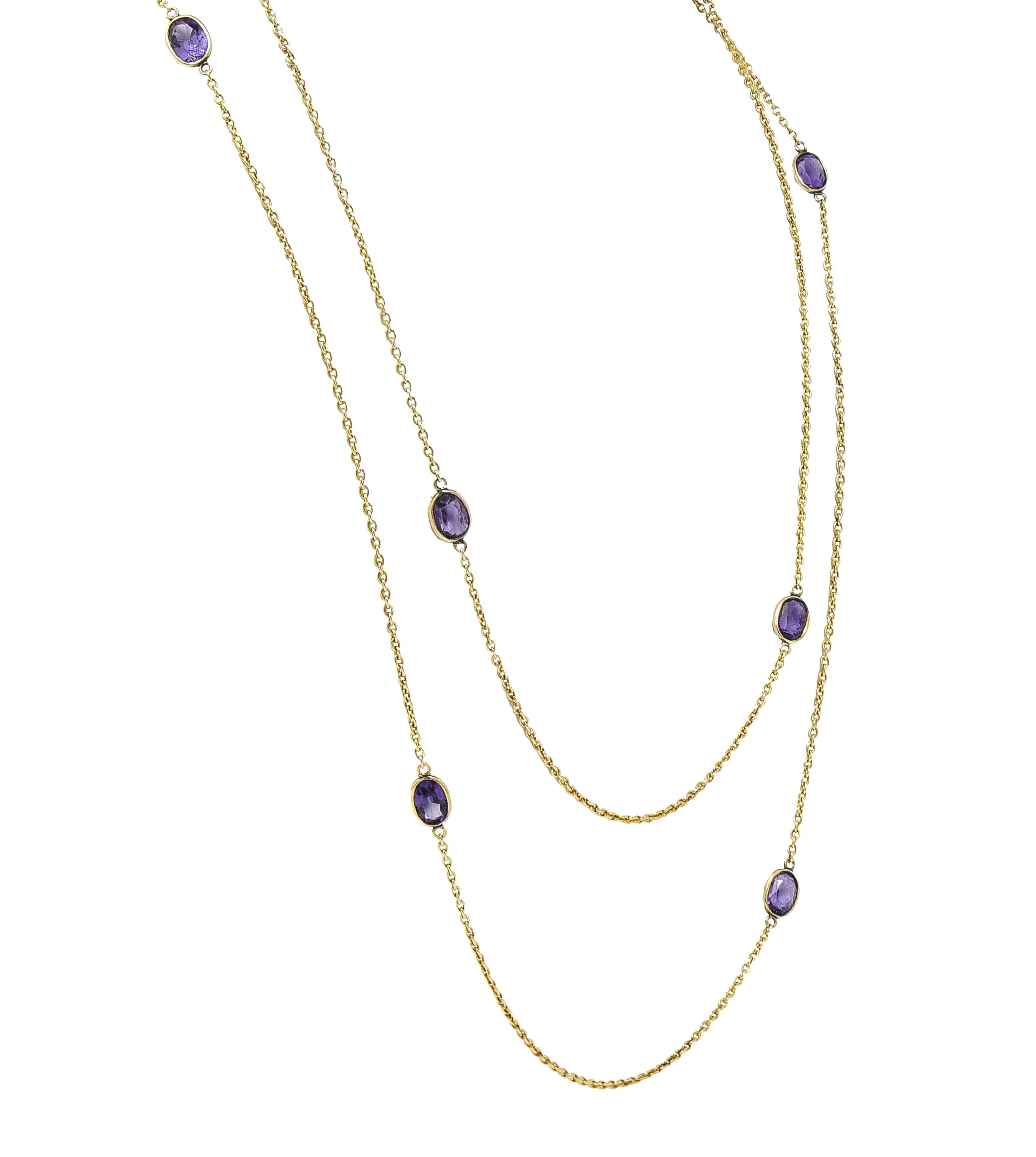 Late Victorian Amethyst 14 Karat Yellow Gold Antique 52 IN Long Station Chain Necklace
