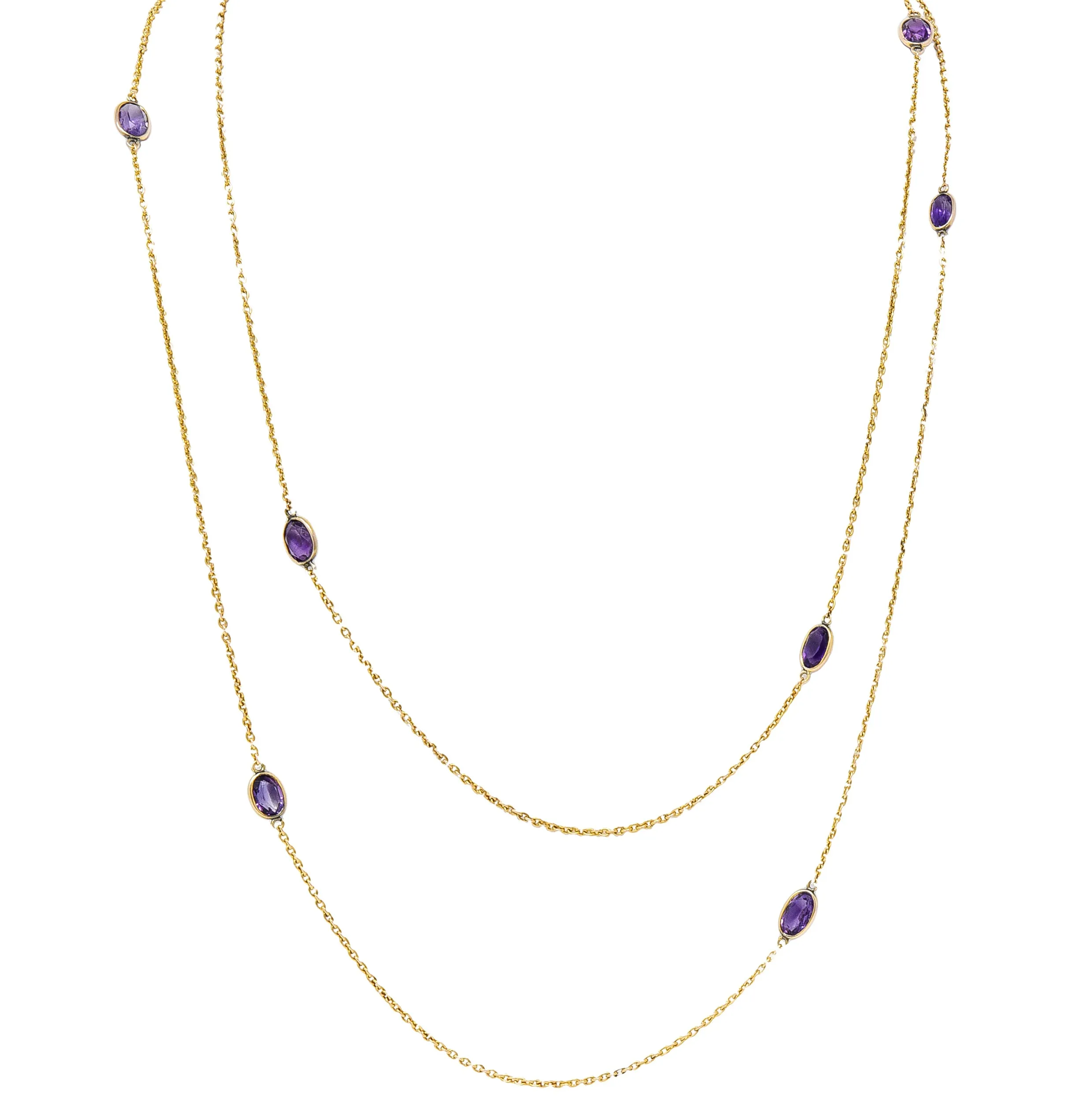 Late Victorian Amethyst 14 Karat Yellow Gold Antique 52 IN Long Station Chain Necklace