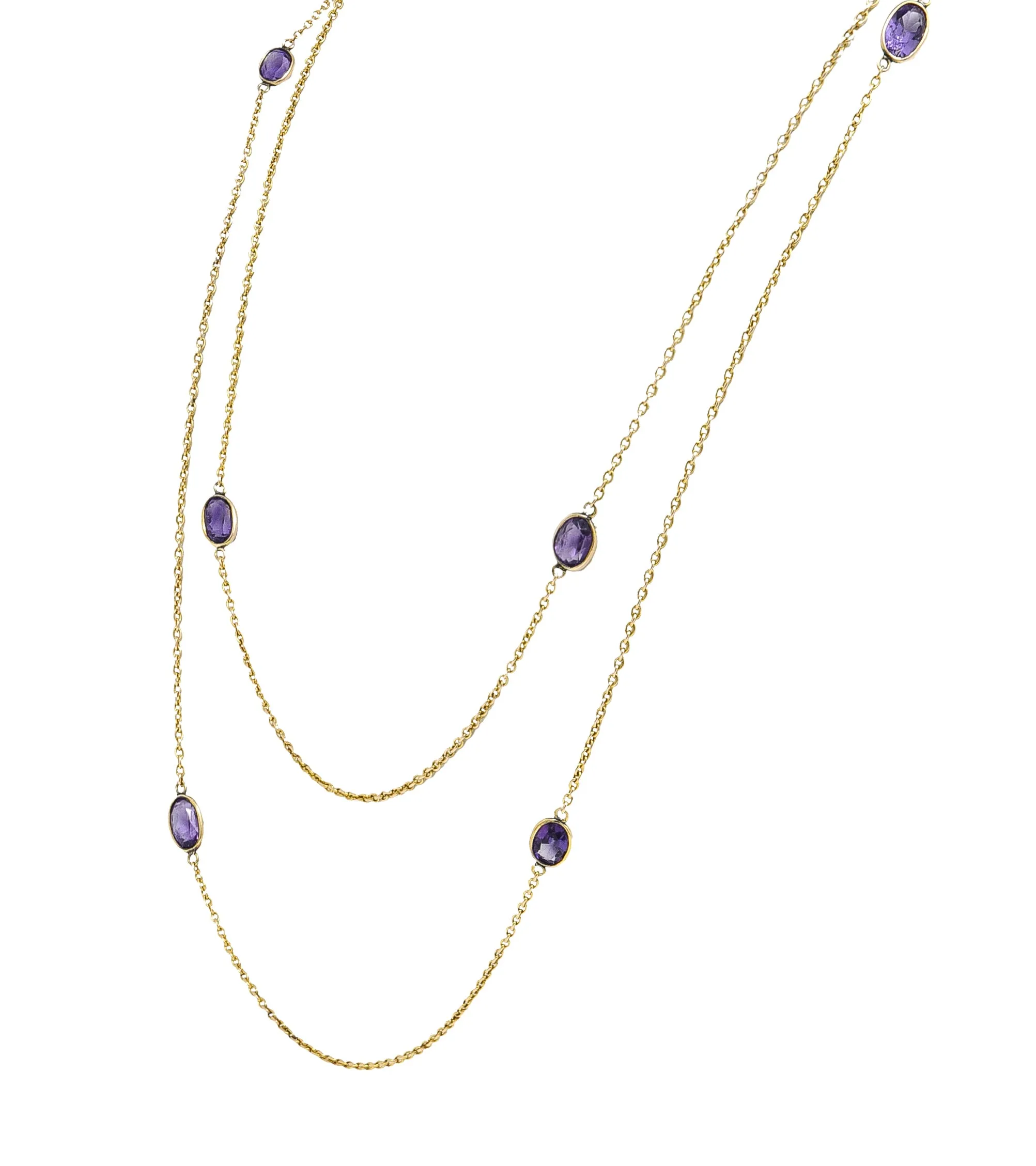 Late Victorian Amethyst 14 Karat Yellow Gold Antique 52 IN Long Station Chain Necklace