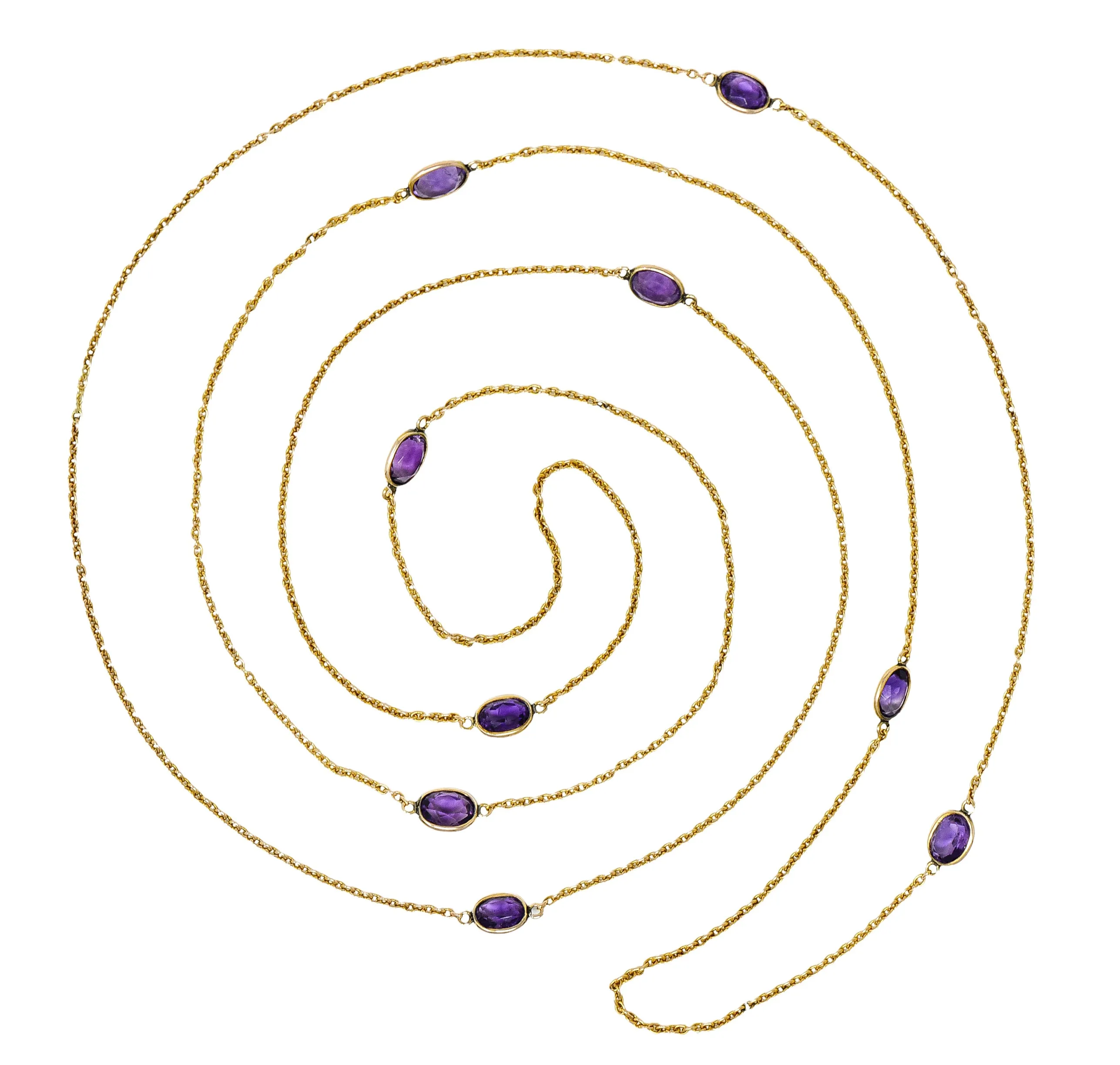 Late Victorian Amethyst 14 Karat Yellow Gold Antique 52 IN Long Station Chain Necklace
