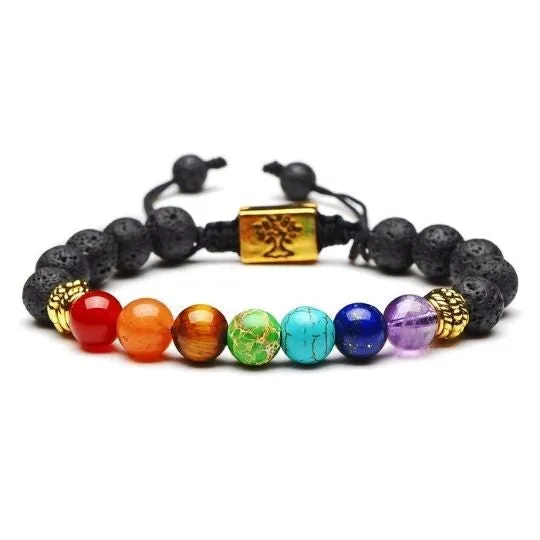 Lava Stone 7 Chakra Bracelet with Tree of Life for Balance & Growth