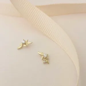 Leaf stud earrings, gold leaves earrings, 14K gold dainty earrings, delicate everyday diamond earrings