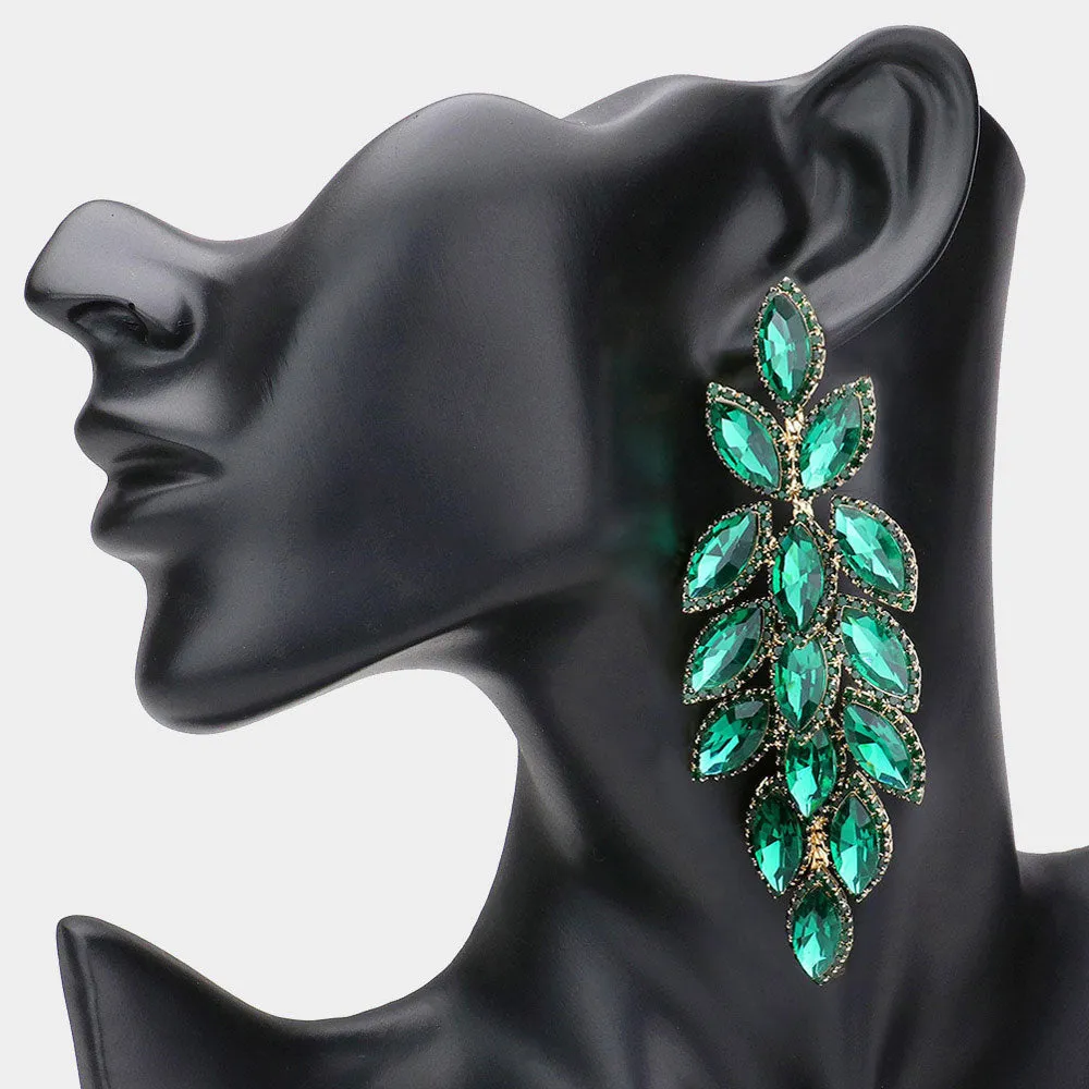 Long Emerald Crystal Marquise Leaf Stone Pageant Earrings | Prom Earrings |  548479