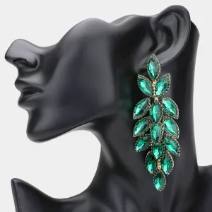 Long Emerald Crystal Marquise Leaf Stone Pageant Earrings | Prom Earrings |  548479