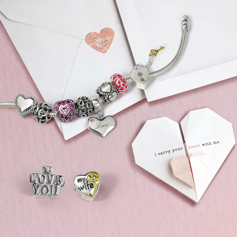 Love Valentine Filigree Heart Charm Bead Oxidized Sterling Silver for Bracelets