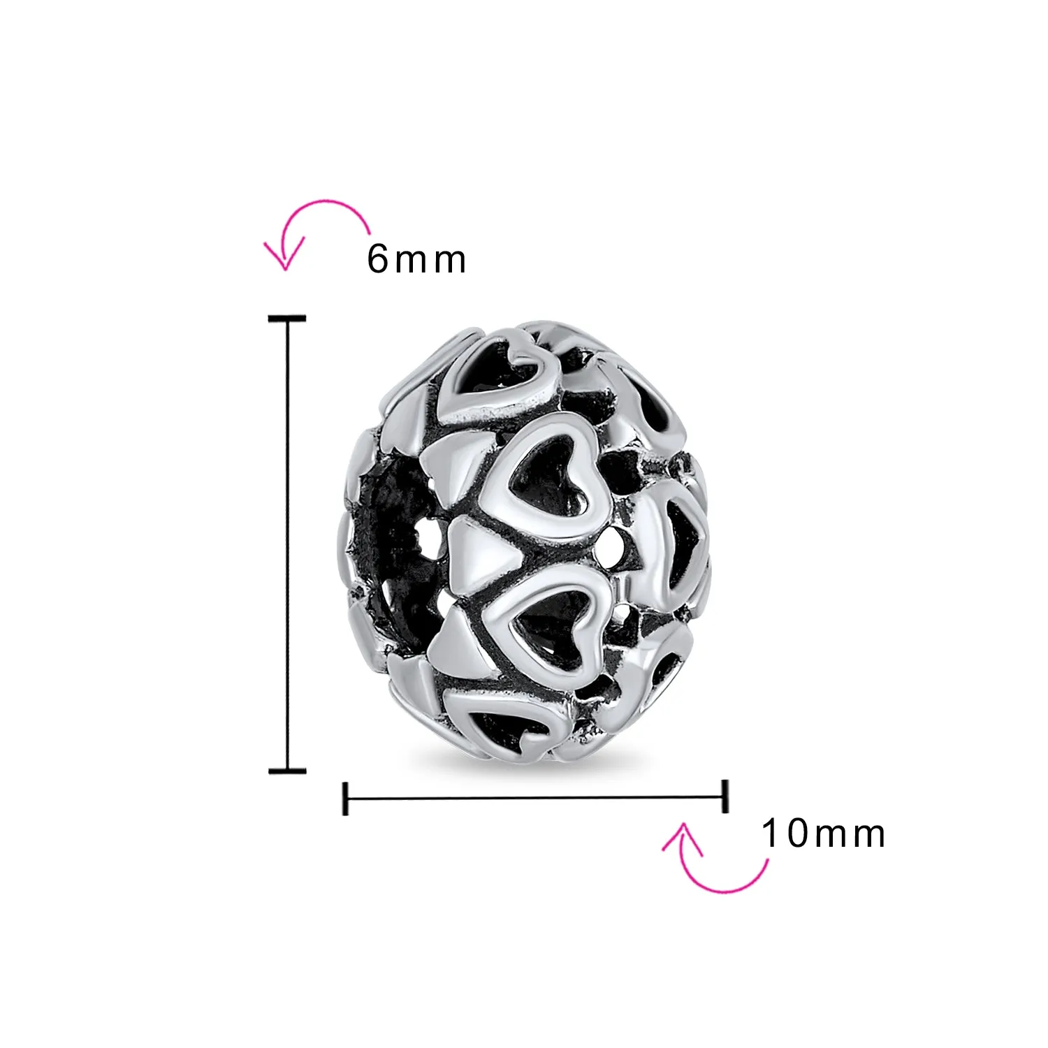 Love Valentine Filigree Heart Charm Bead Oxidized Sterling Silver for Bracelets