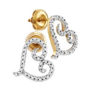 Lovely 10K Yellow Gold Round Diamond Heart Earrings 1/6 CTTW