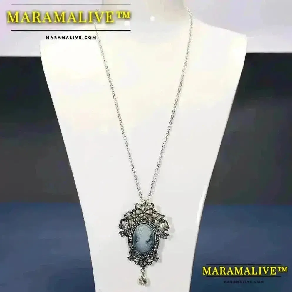 Maramalive™ Necklaces & Pendants Jewelry For Women Vintage Cameo Queen Flower Beauty Head Crystal Pendant Necklace Sweater Long Chain