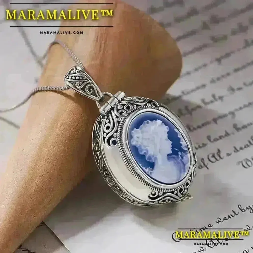 Maramalive™ Real 925 Sterling Silver Gawu Box Cameo Pendant Openable Blue Agate White Shell Necklace for Women Fashionable Jewelry
