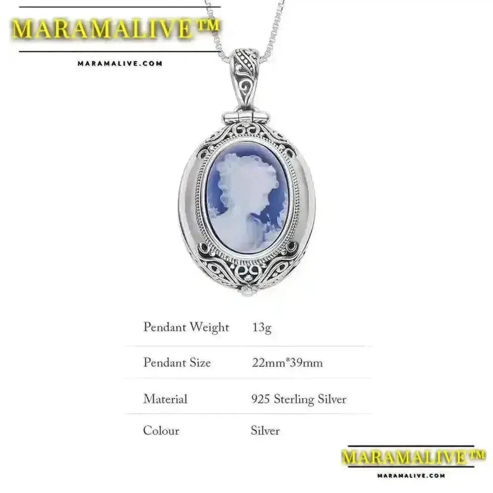 Maramalive™ Real 925 Sterling Silver Gawu Box Cameo Pendant Openable Blue Agate White Shell Necklace for Women Fashionable Jewelry