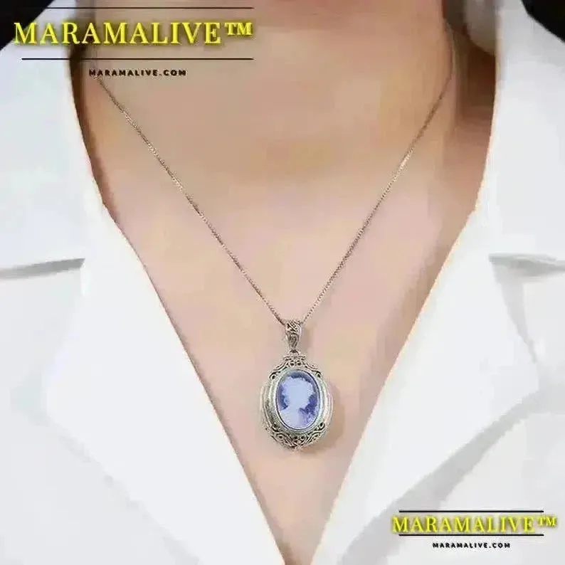 Maramalive™ Real 925 Sterling Silver Gawu Box Cameo Pendant Openable Blue Agate White Shell Necklace for Women Fashionable Jewelry