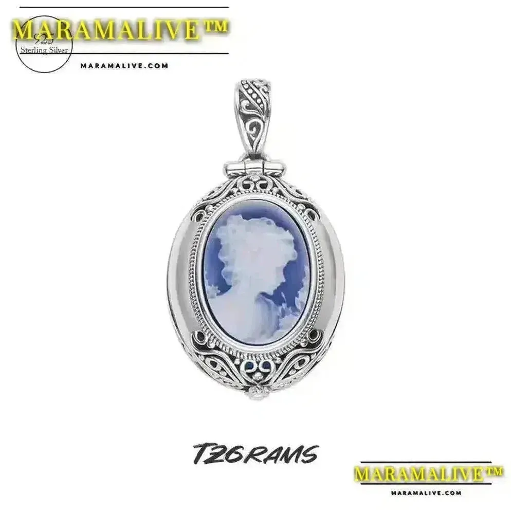 Maramalive™ Real 925 Sterling Silver Gawu Box Cameo Pendant Openable Blue Agate White Shell Necklace for Women Fashionable Jewelry
