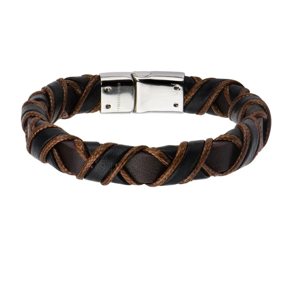 Men's Woven Full Grain Leather Bracelet in Black and Light Brown