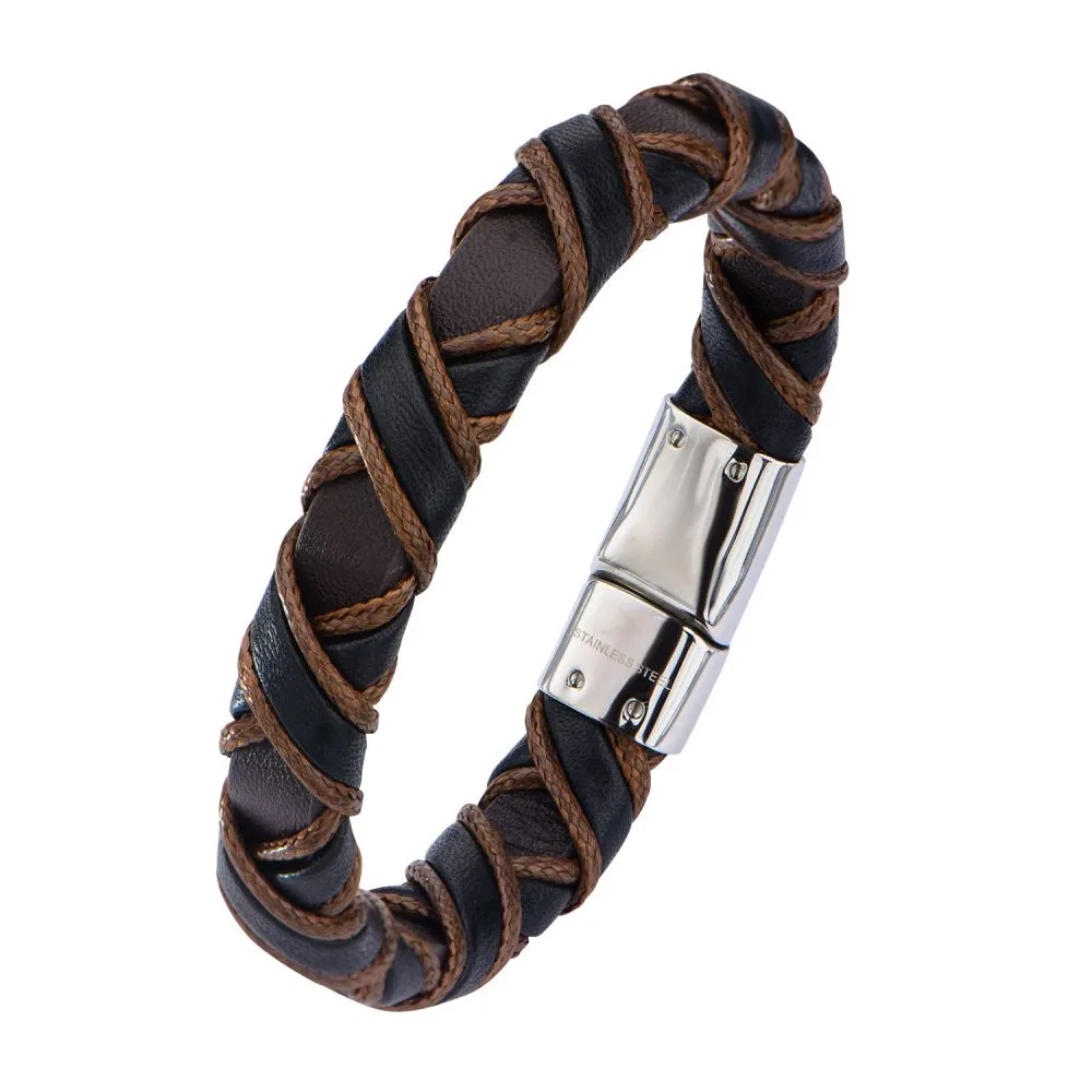 Men's Woven Full Grain Leather Bracelet in Black and Light Brown