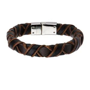 Men's Woven Full Grain Leather Bracelet in Black and Light Brown