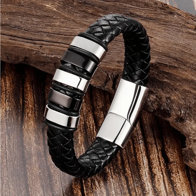 Men's Woven Leather Bracelet Metal Clasp Casual Gift