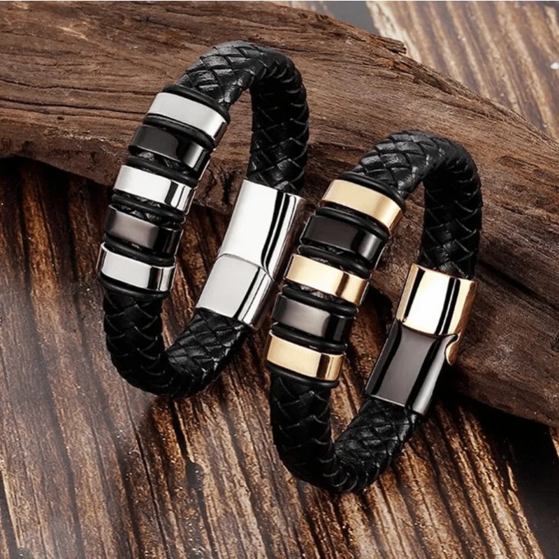 Men's Woven Leather Bracelet Metal Clasp Casual Gift