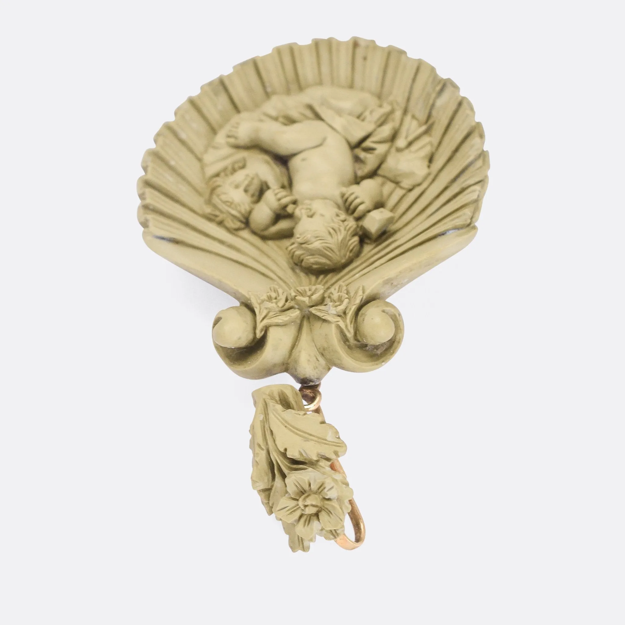 Mid-Victorian "Cupid Carving Aphrodite" Lava Cameo Pendant