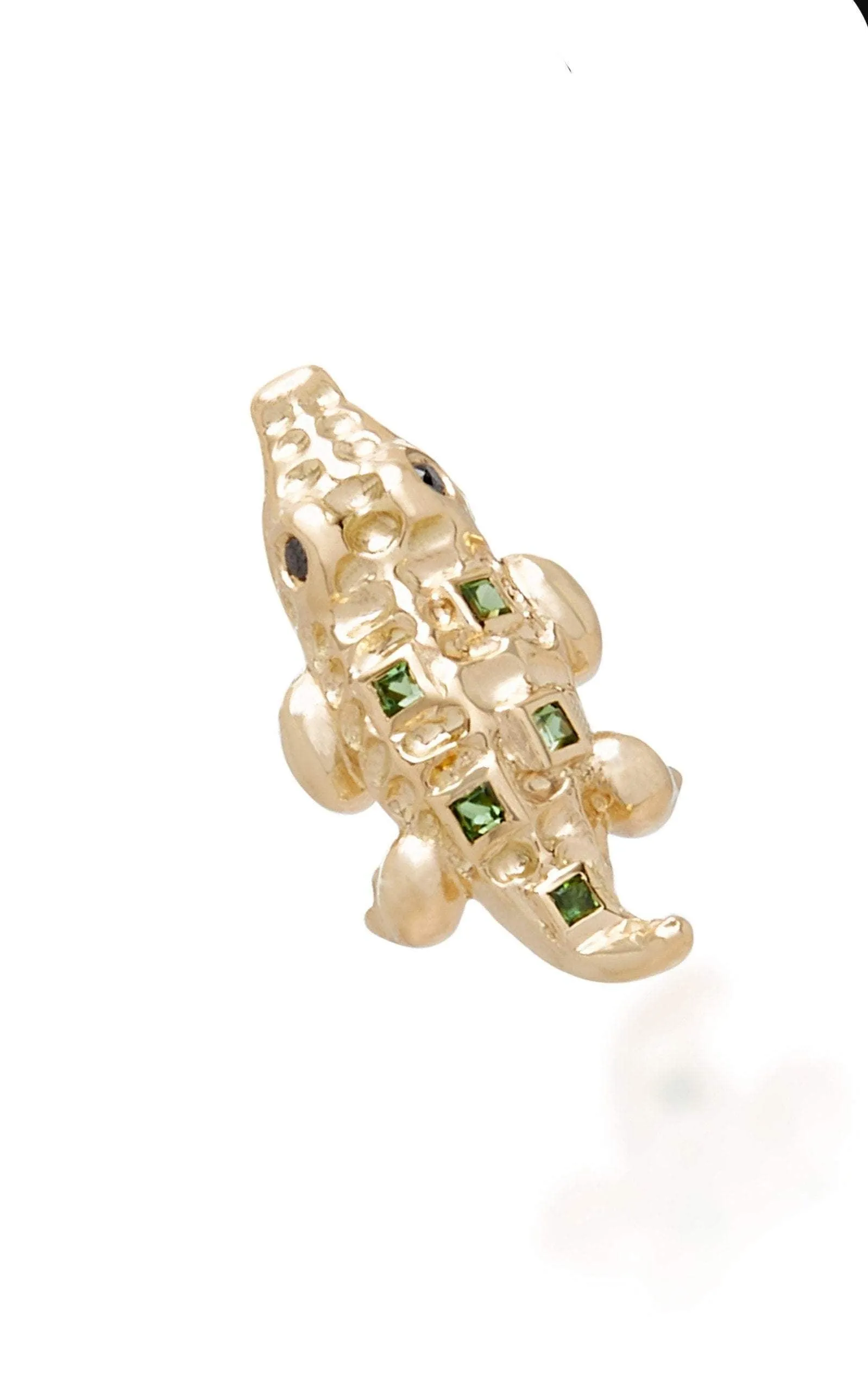 Mini Crocodile Black Diamond And Emerald 18k Solid Yellow Gold Single Earring